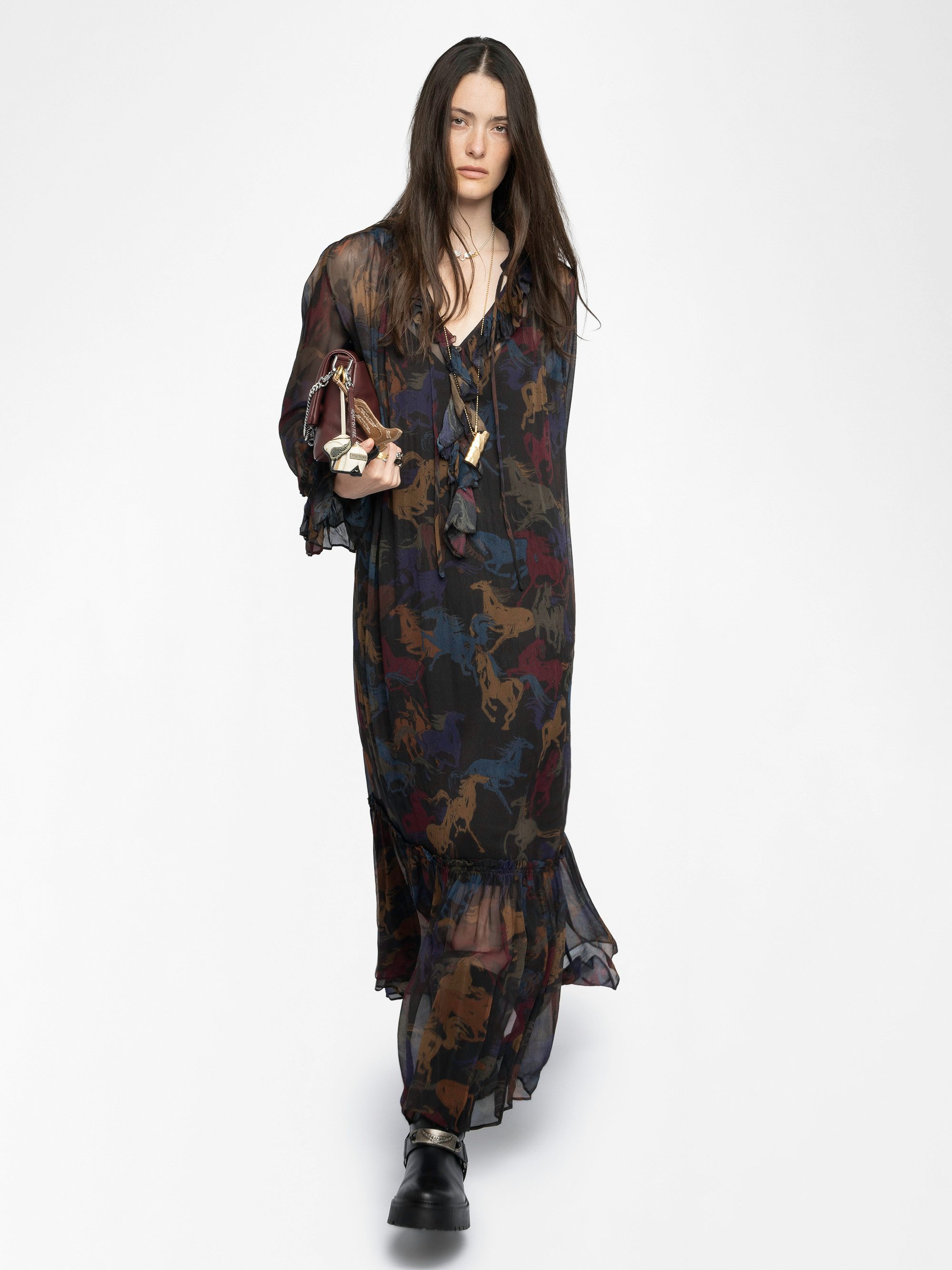Ralicel Dress - Long draped dress in printed muslin, long sleeves.